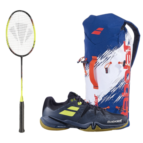 PACK : CARLTON 1500 THUNDER SHOW + BABOLAT SPIRIT NOIR ET JAUNE + BABOLAT SLING BLEU ET BLANC