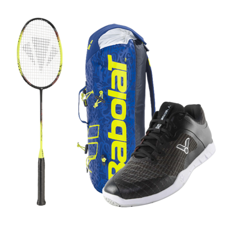 PACK : CARLTON 1500 THUNDER SHOW + CHAUSSURES VICTOR VG1 + BABOLAT SLING BLEU ET JAUNE